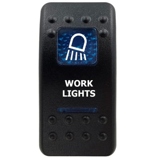 Kolbepanel WORK LIGHTS enpolig vandtæt 12V med blåt LED baggrundsbelysning, sort ON/OFF kontakt til arbejdslys i bil og 4x4