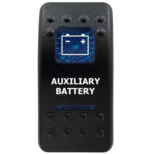 Kolbepolitisk kontakt til bil med blåt LED-belysning og symbol for Auxiliary Battery vandtæt 12V til båd og campingvogn
