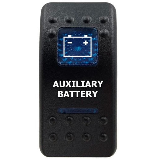Kolébkový kapcsoló autóhoz egypólusú kék LED háttérvilágítással és Auxiliary Battery szimbólummal vízálló 12V hajóra és lakókocsira