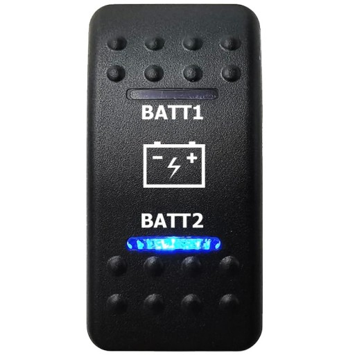 Kolébkový kapcsoló autókhoz két akkumulátor BATT1/BATT2 választásához kék LED háttérvilágítással vízálló 12V hajóra, lakókocsira és offroad használatra