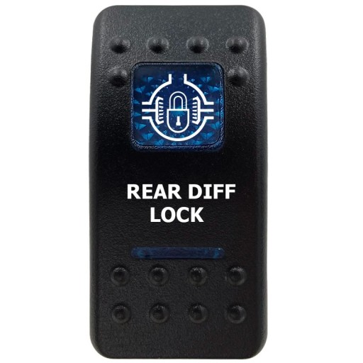 Kolébkový kapcsoló FRONT DIFF LOCK egypólusú vízálló 12V kék LED háttérvilágítással, fekete ON/OFF kapcsoló a differenciálzárhoz 4x4
