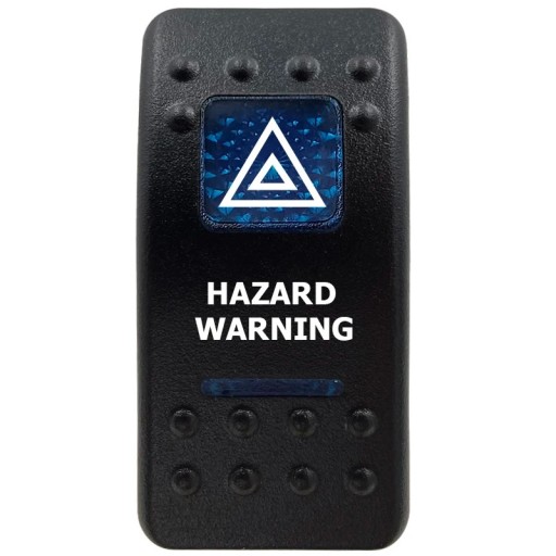 Kolébkový kapcsoló HAZARD WARNING egypólusú vízálló 12V kék LED háttérvilágítással, fekete ON/OFF kapcsoló autós és 4x4-es vészjelzőkhez