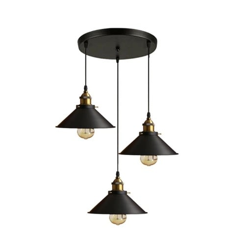Kolmiosainen retro teollinen riippuvalaisin kartiomaisilla varjostimilla halkaisija 22 cm musta metalli E27 ruokapöydän ylle keittiöön ja kahvilaan