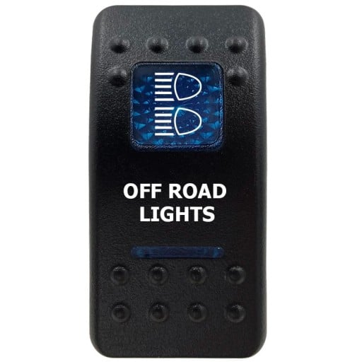 Koløbepanel OFF ROAD LIGHTS enpoligt vandtæt 12V, blå LED baggrundsbelysning, sort ON/OFF kontakt til offroad, SUV og arbejdslys