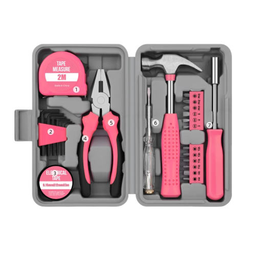 Kompakt værktøjssæt Hi-Spec 24 stk med hammer, 2 m målebånd, bits og tænger i rosa og sort til hjemme reparationer og vedligeholdelse
