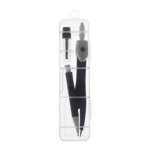 Kompassæt med mikroblyant og ekstra stifter i etui. Skolekompas til tegning med ekstra refills og gennemsigtigt etui 12 x 2,5 cm.
