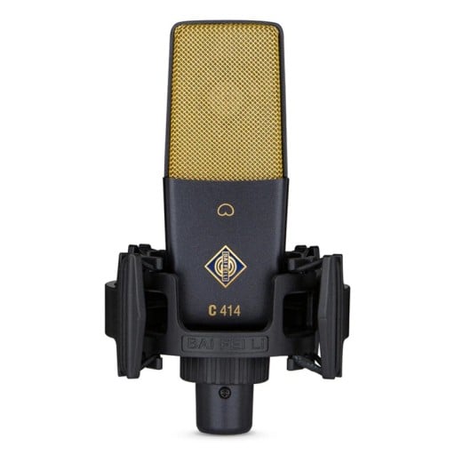 Kondenzátorový mikrofon XLR s membránou 25 mm kardioidná charakteristika s pavúkovým držiakom čierno-zlatý na podcast a ASMR i stream