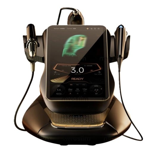 Kosmetický přístroj MYOslim 360 MAX pro zpevnění obličeje RF a EMS 2 4 a 5,5 MHz 1180 W 220 V Černo-zlatý Pro hubnutí a redukci tuku