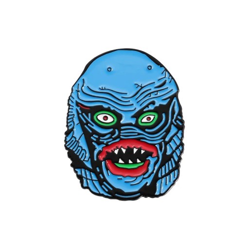 Kovová brož horror monster maszkával cca 3,8 x 3 cm pin kitűző kék zöld piros fekete ijesztő kiegészítő ruházathoz hátizsákhoz