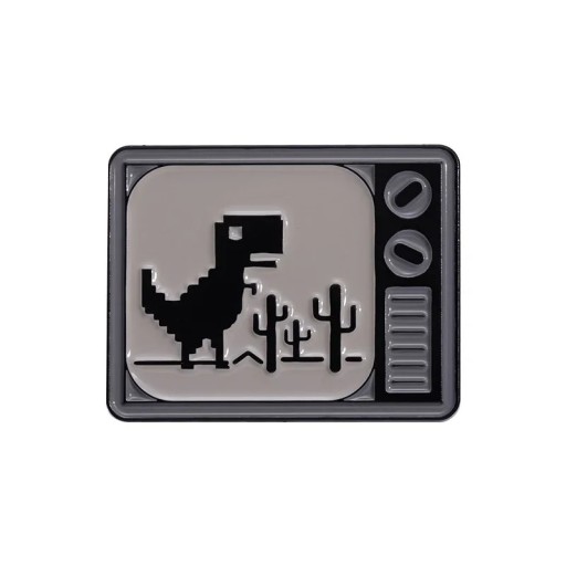 Kovová brož retro TV pixel dinosaurus 2,3 x 2,8 cm smaltovaný odznak černobílý pin na oblečení batoh herní doplněk