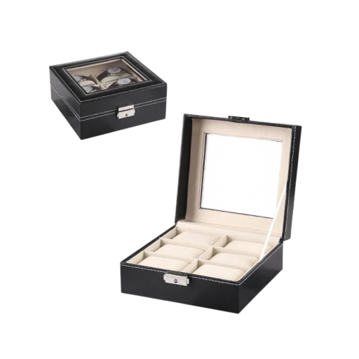 Krabička na hodinky s 6 sloty 20x15,7x8 cm PU kůže černá s průhledným víkem pro uložení a vystavení hodinek doma