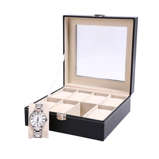 Krabička na hodinky s 8 sloty PU kůže černá s průhledným víkem pro uložení a vystavení hodinek v domácnosti box