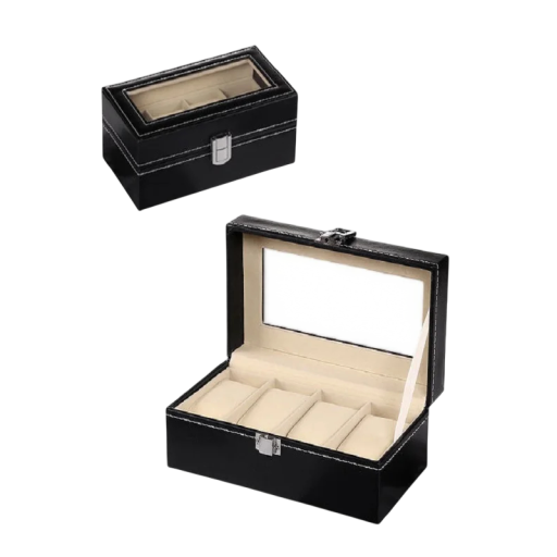 Krabička na hodinky se 4 sloty 20x11x8 cm PU kůže černá se skleněným víkem pro uložení a vystavení hodinek