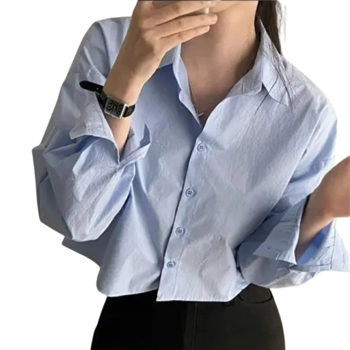 Krátka dámska košeľa s dlhým rukávom Crop strih Ležérny štýl Výstrih do V na chrbte Zapínanie na gombíky Elegantná blúzka na leto