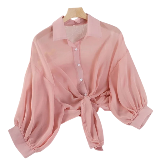 Krátká dámská košile s uzlem vpředu Průsvitná halenka Crop střih Lehký vzdušný materiál Zapínání na knoflíky Stylový letní top