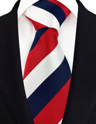 Krawat jedwabny w paski w kolorze niebieskim, czerwonym i białym 145 x 8 cm Luksusowy krawat męski do garnituru Elegancki krawat formalny Formalny