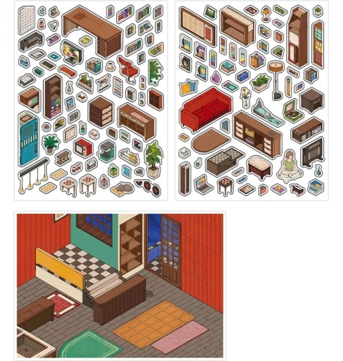 Kreative Aufkleber Wohnzimmer mit Möbeln und Hintergrund 130x170 mm und 120x170 mm Farbset für Bastelarbeiten