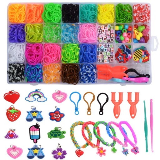 Kreativset zur Schmuckherstellung 26 × 13 × 2,5 cm 32 Fächer Bunte Gummibänder Gummi und Kunststoff Mit Zubehör für Armbänder, Halsketten und dekorative Accessoires