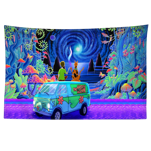 Kreslená tapiserie Scooby-Doo 150 x 100 cm Závěsný gobelín Mystery Machine Lesní pozadí Boho dekorace Ložnice Obývací pokoj Umělecký motiv