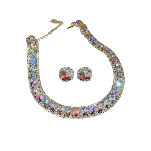 Kristall-Halskette 42 cm und Ohrringe 1,4 cm Luxuriöses Schmuckset für Frauen Hochzeitsfeier Zubehör Zinklegierung