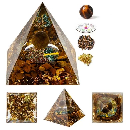 Kristallpyramide 5x5 cm mit Tigerauge Goldbraune Chakrapyramide Selbstvertrauen, Mut und Kraft Goldflocken und Chakraharmonisierung