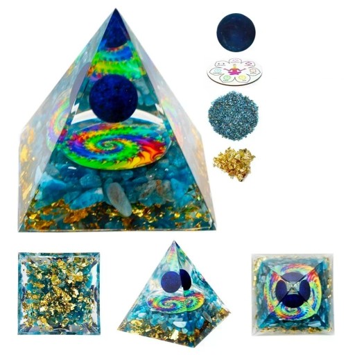 Kristallpyramide 5x5 cm mit türkisem und blauem Kristall Blaue Chakrapyramide Gesundheit, Frieden und Harmonie Goldflocken und Energiespirale