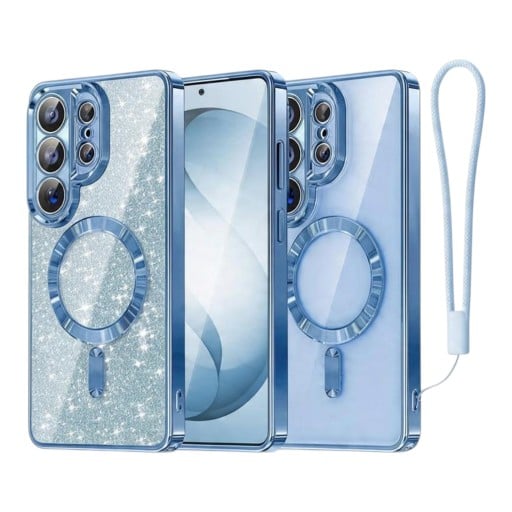 Kryt na mobil Samsung Galaxy S25+ Odłączany błyszczący panel Wsparcie dla ładowania magnetycznego Plastikowe etui z paskiem na nadgarstek