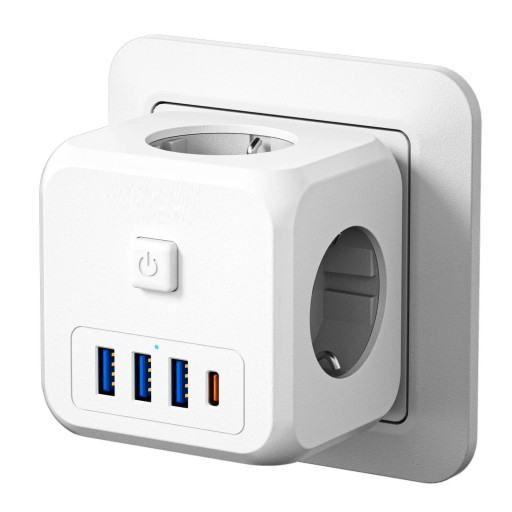 Kub grenuttag med strömbrytare 3x USB, 1x USB-C, 3x uttag