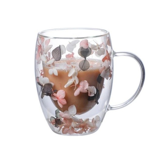 Kubek szklany z podwójnymi ściankami 350 ml z uchwytem, różowy, biały, brązowy, płatki, filiżanka do herbaty i kawy, dekoracyjny kubek na mleko, prezent