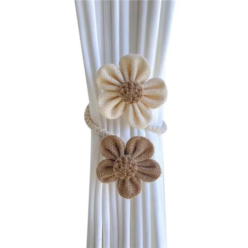 Kukkakuvioinen verhojen pidike 34 cm puuvillasta ja pellavasta beige-ruskea tekstiilipidike verhojen sitomiseen