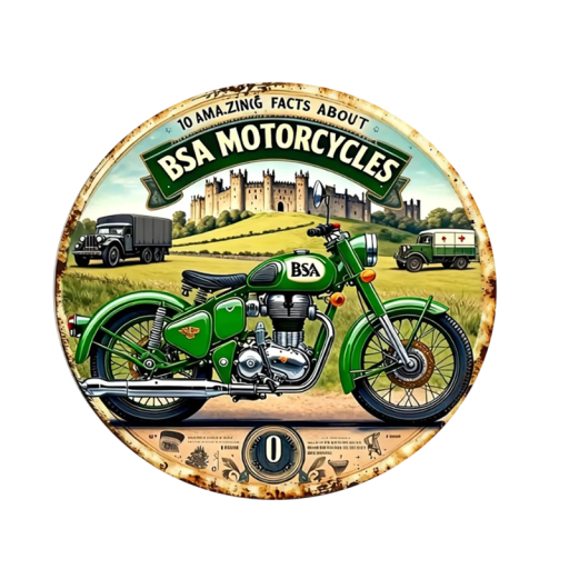 Kulatá cedule 2D hliníková Kreslený retro motiv zelené BSA motorky Vintage nástěnná dekorace Závěsná cedule do garáže i interiéru