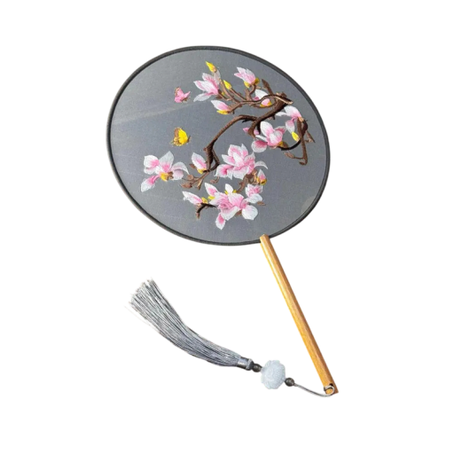 Kulatý wachlarz Ręcznie robiony palacowy wachlarz z haftem po obu stronach 35 x 21 x 2 cm Motyw różowej magnolii Z frędzlami Dodatek do hanfu i dekoracja na ścianę