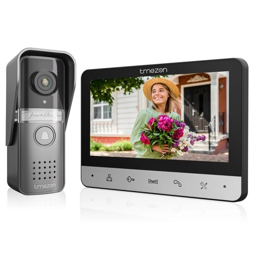 Külső videotelefon csengővel és kamerával, 7" színes kijelző, 4 vezetékes csatlakozás, 120°-os széles látószögű objektív, fekete-ezüst, házhoz és lakásba
