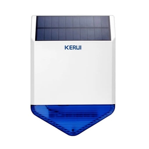 Kültéri nap solaris sziréna riasztóhoz 110 dB villogó fénnyel, 433 MHz, lítium akkumulátor 2200 mAh, műanyag, fehér-kék, házhoz és garázshoz