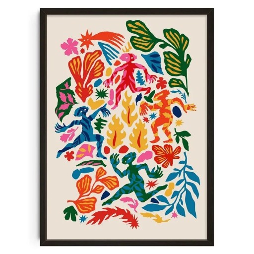 Kunstplakat 50x70 cm Bunte Figuren am Feuer Abstraktes modernes Gemälde Vintage Wanddekoration Leinwanddruck Ohne Rahmen für den Innenbereich