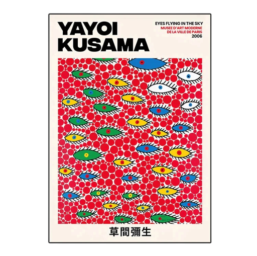 Kunstplakat til væg med mønster af farverige øjne og prikker i Yayoi Kusama stil 30 x 45 cm tryk på lærred blødt plakat uden ramme boligindretning