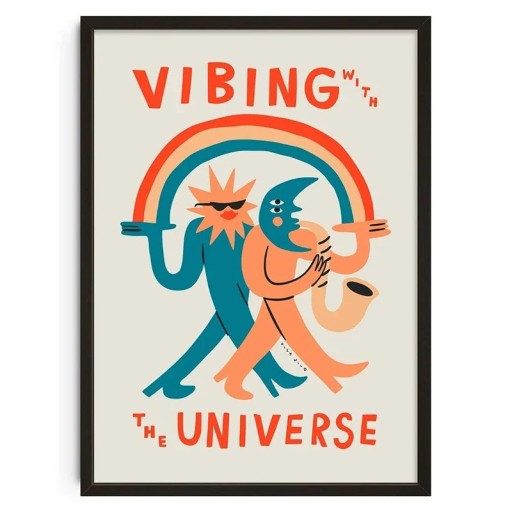 Kunstposter 50x70 cm VIBING WITH THE UNIVERSE Sonne und Mond mit Regenbogen Saxophon Abstrakte Zeichnung Vintage Print ohne Rahmen Dekoration