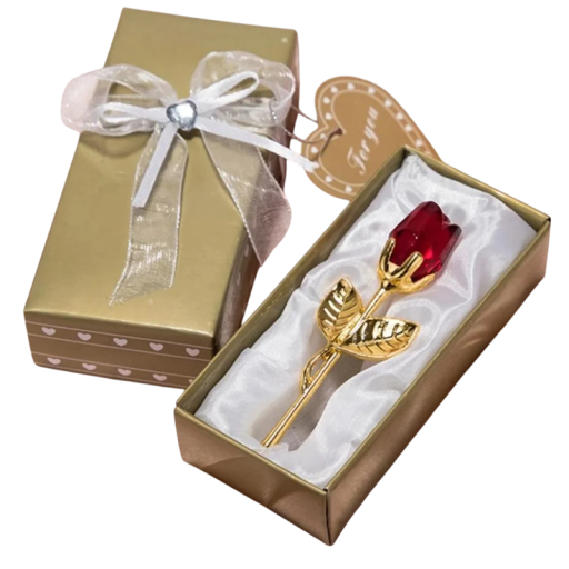 Kunststof kristallen roos met gouden steel in geschenkdoos 9 x 3 cm, gouden doosje 3 x 5,5 x 12 cm