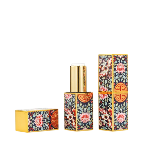 Kunststoffhülle für Lippenstift mit orientalischem Blumen- und Ornamentmotiv 22 × 74 mm schwarz rot gold zur Aufbewahrung von Lippenstift