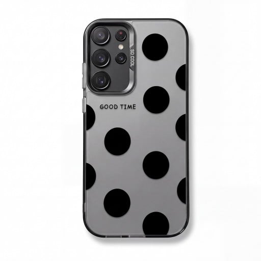 Kuori Samsung Galaxy A17 5G:lle pilkuilla Ultra ohut ja kestävä Matta harmaa tausta Mustat pilkut ja teksti GOOD TIME Kamerakehys Päiväksi