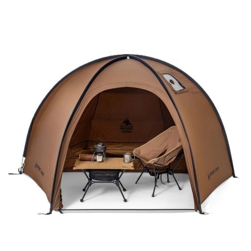 Kupolovitý stan s průchodem pro vařič 2,6 x 2,6 m voděodolný 40D nylon 3000 mm hliníkové tyče hnědý na kempování a zimní outdoor