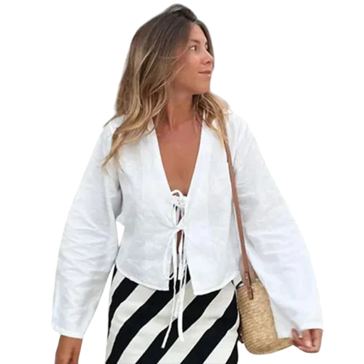 Kurze Damen Bluse mit Langarm Binden Vorne Locker Lässig Schnitt Sommer Strand Top mit V-Ausschnitt Natur Look