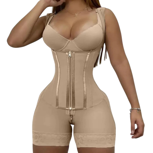 Kvinders dobbeltlags kompressionsbodysuit med slankekore med hægte- og lynlåslukning, shapewear til talje slankning og brystløft