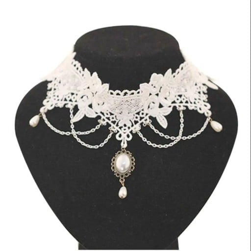 Kvinnlig spets choker halsband med hänge och kedjor med spänne spets vit elegant accessoar för socialt bruk