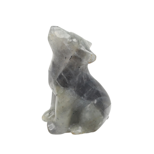 Labradoritból készült farkas figura 4 cm természetes kő szürke-fekete polírozott ásvány dekoráció gyűjtőknek és belső használatra