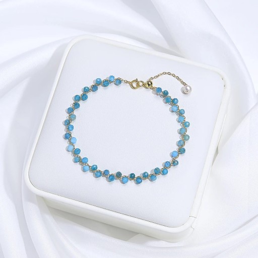 Ladies' Apatite Bracelet with Cut Blue Beads Gold-Coloured Chain 16 - 20 x 3 mm Stone with Decorative Pearl Adjustable
