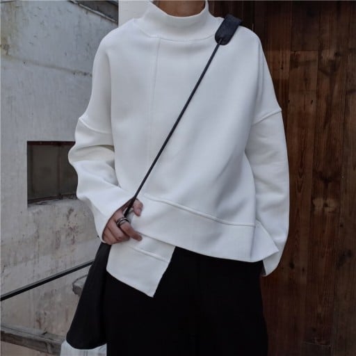 Ladies' Asymmetrical Sweatshirt with Stand-Up Collar Loose Fit with Dropped Shoulders Layered Hem Wide Long Sleeves Cotton and Polyester