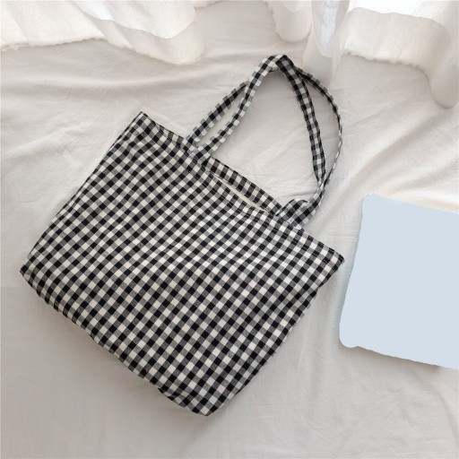 Ladies' Bag with Check Pattern in Cotton and Canvas Spacious Shopping Bag with Two Long Handles Size 40 x 26 x 9 cm
