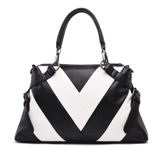 Ladies' Black and White Handbag Bold Contrasting V-Shaped Pattern Handles with Carabiners Side Buckles Artificial Leather 37 x 22 x 10 cm