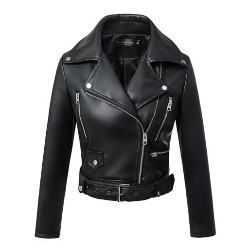 Ladies' Black Faux Leather Biker Jacket Short Fitted Cut Belt with Buckle Asymmetrical Metal Zip Press Studs on Collar Zips on Sleeves